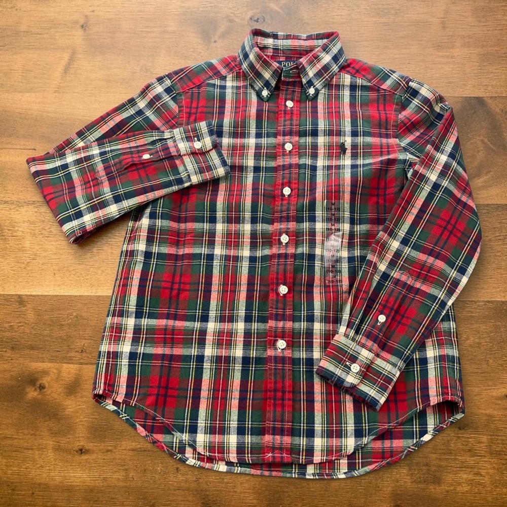 NEW Polo Ralph Lauren Boys Red Green Tartan Plaid Button Down Shirt Size M 10-12